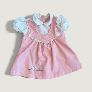 Vintage Paquito Pink Bunny Embroidered Jumper Dress & White Blouse Set 12M